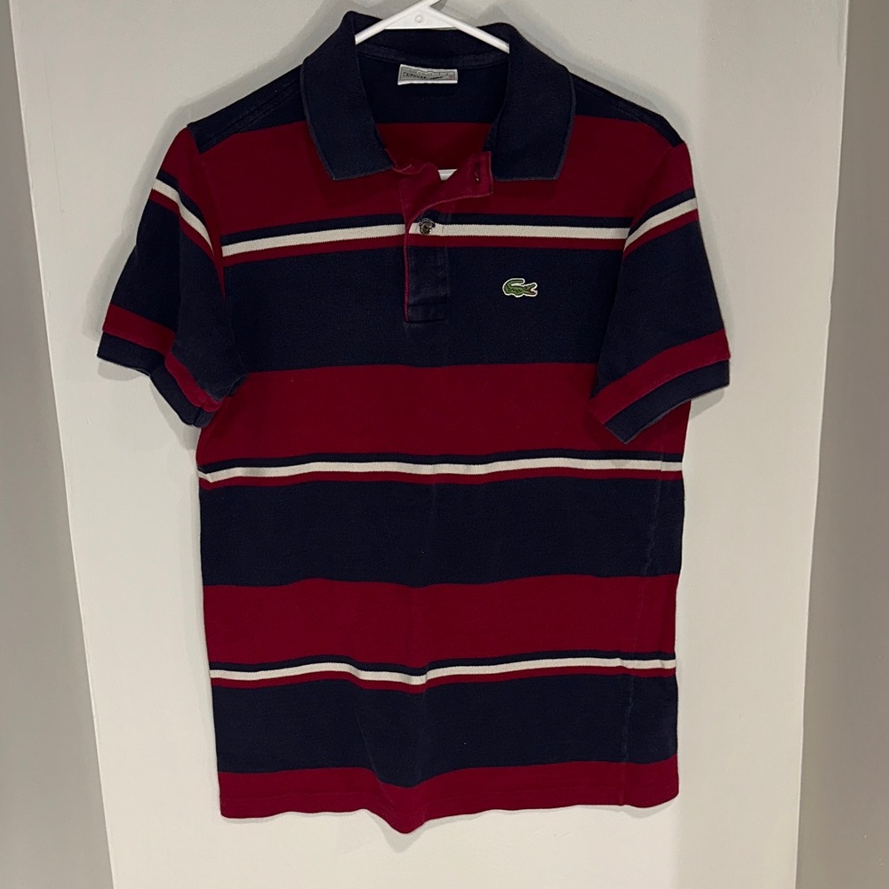 Lacoste Polo with Red and Navy Stripes. Size 4.